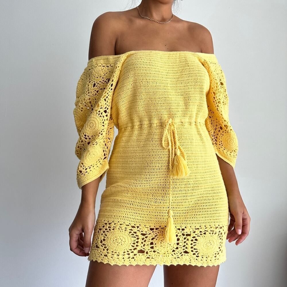 NWT Spell yellow crochet cotton mini dress